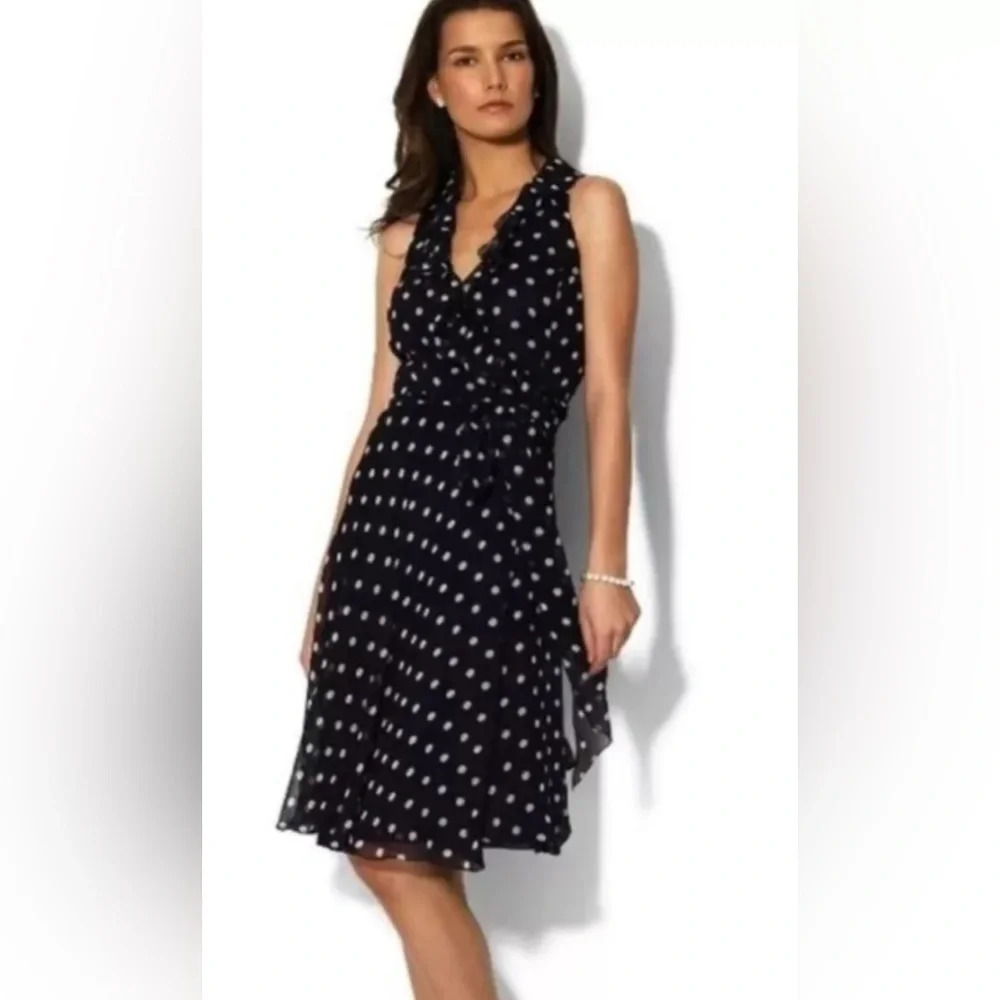 Lauren Ralph Lauren Wrap Dress Silk Chiffon Navy Blue Polka Dot Sleeveless SZ 6